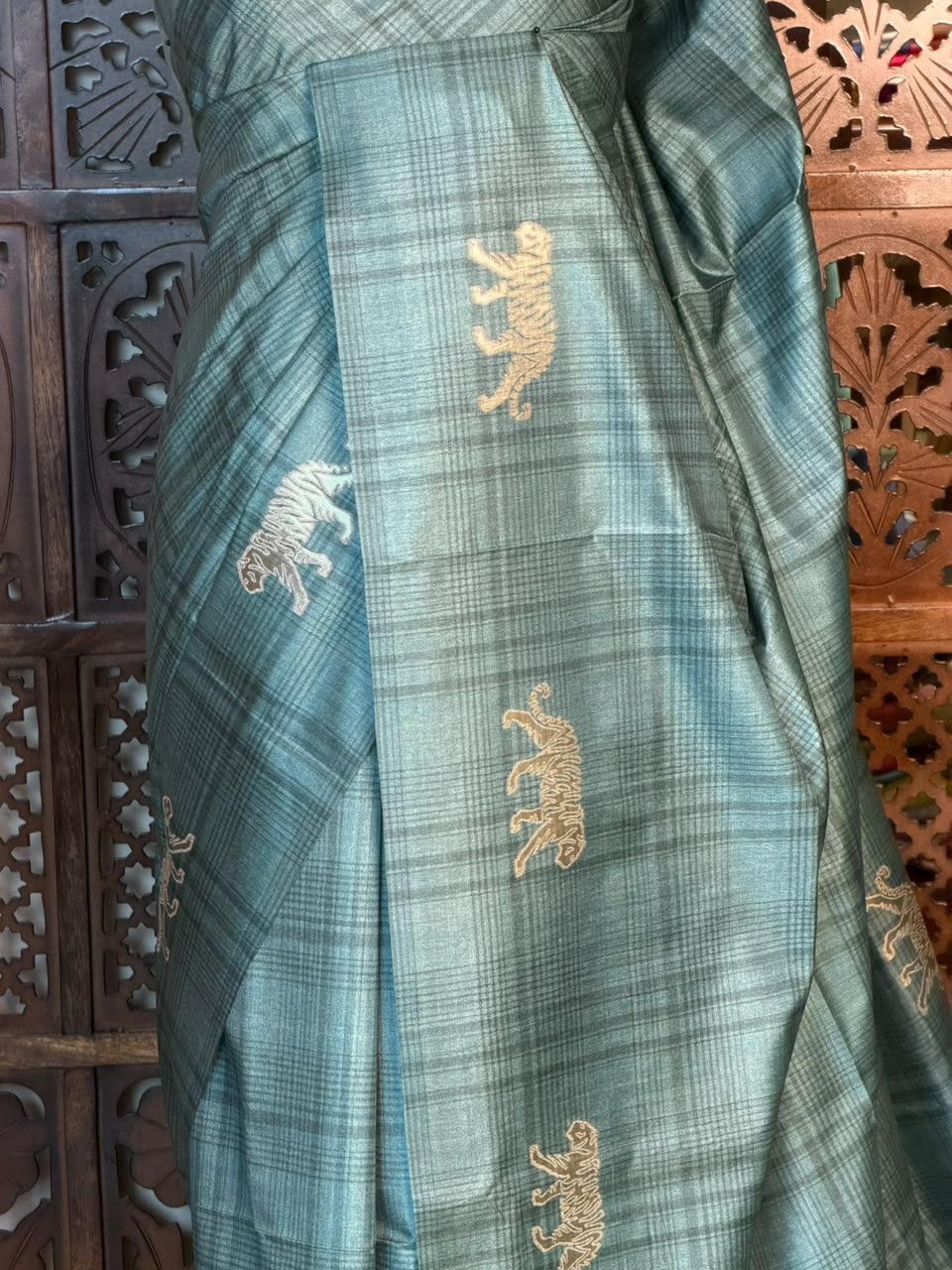 Steel Blue Tiger woven Tusser Silk saree- PBR62B