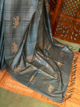 Steel Blue Tiger woven Tusser Silk saree- PBR62B