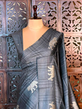 Dark Grey Tiger woven Tusser Silk saree- PBR62C