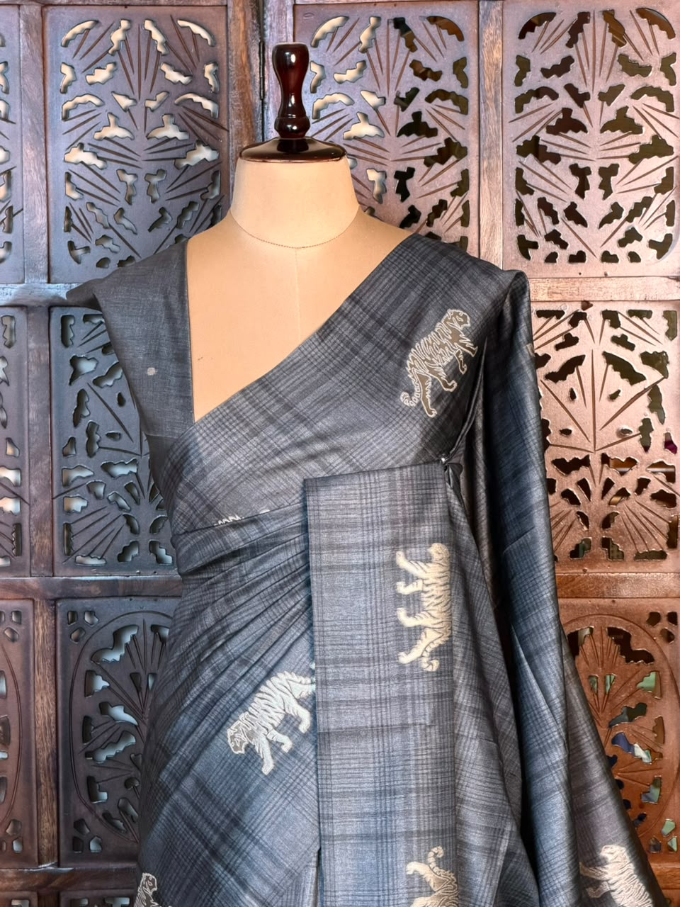 Dark Grey Tiger woven Tusser Silk saree- PBR62C