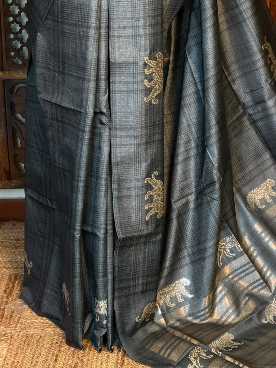 Dark Grey Tiger woven Tusser Silk saree- PBR62C