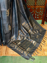 Dark Grey Tiger woven Tusser Silk saree- PBR62C