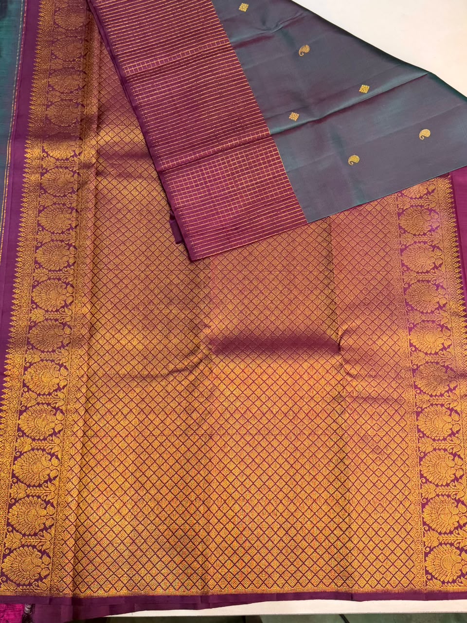 Peacock blue and purple Pure Vintage Kanchipuram Silk saree - PPURE130