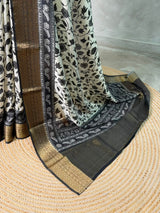 White and black Dola silk saree- PBR57F1