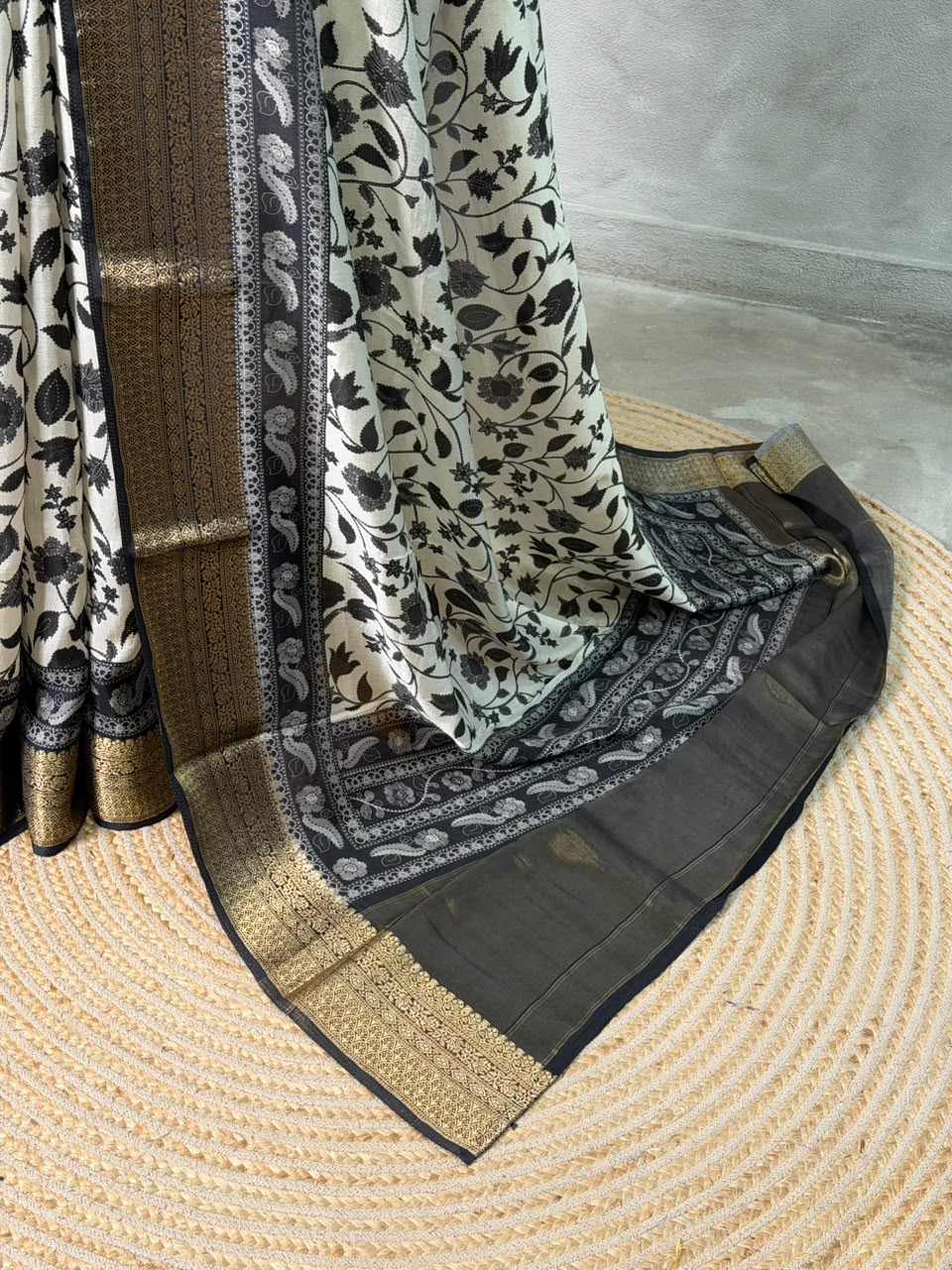 White and black Dola silk saree- PBR57F1