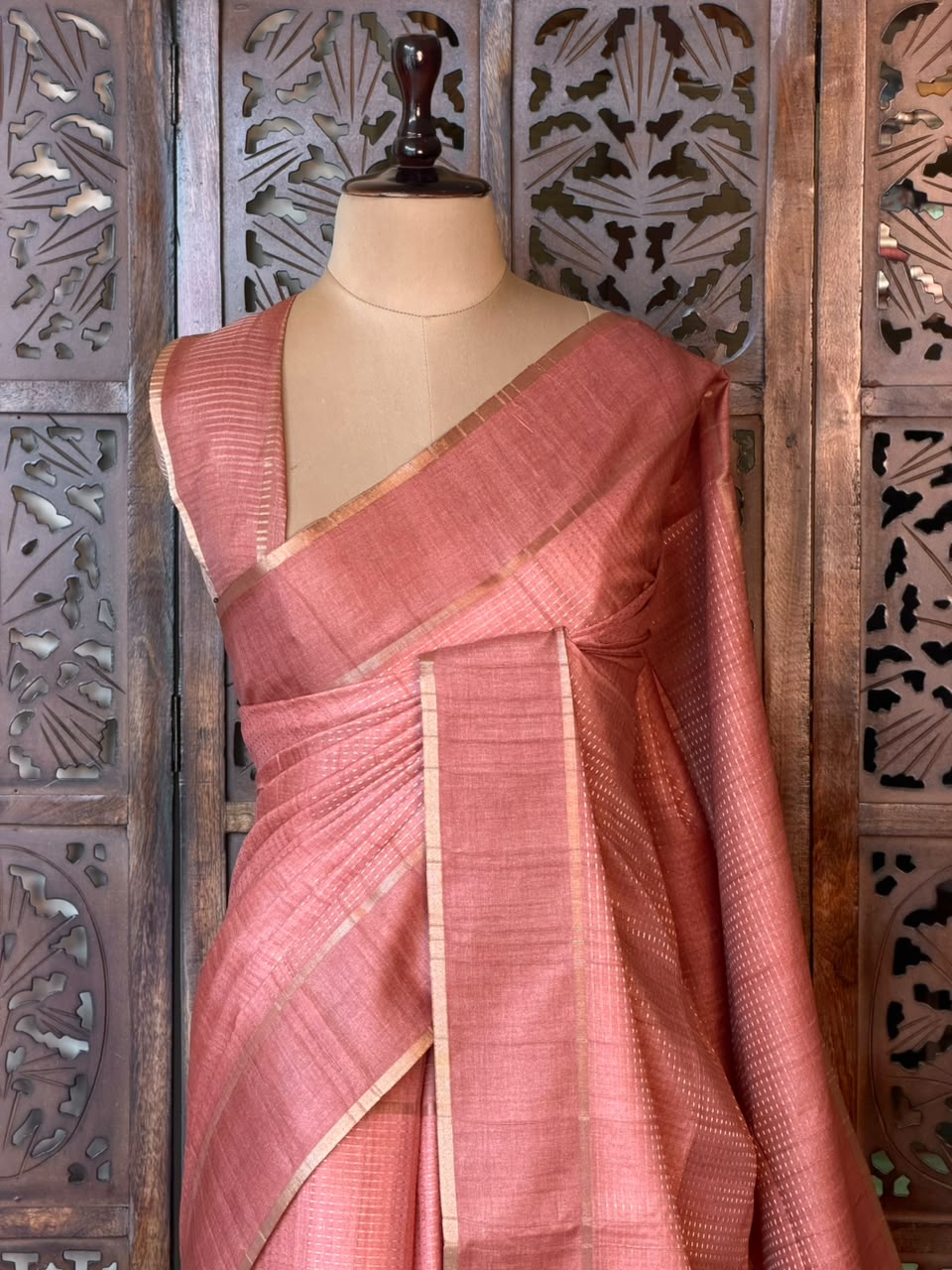 Peach Tusser Silk saree- PBR63C