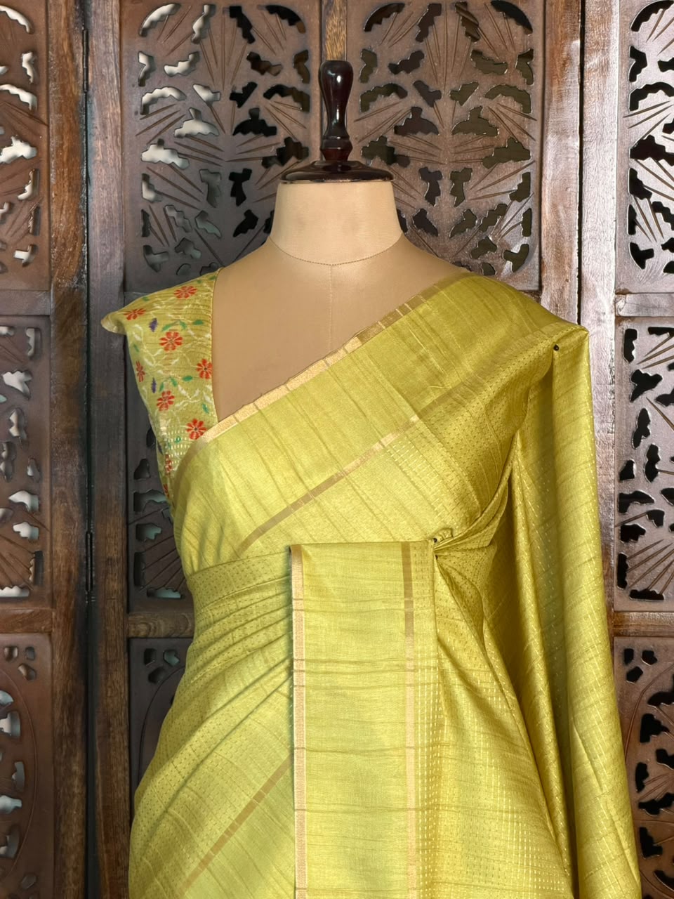 Lemon Green Tusser Silk saree- PBR63A