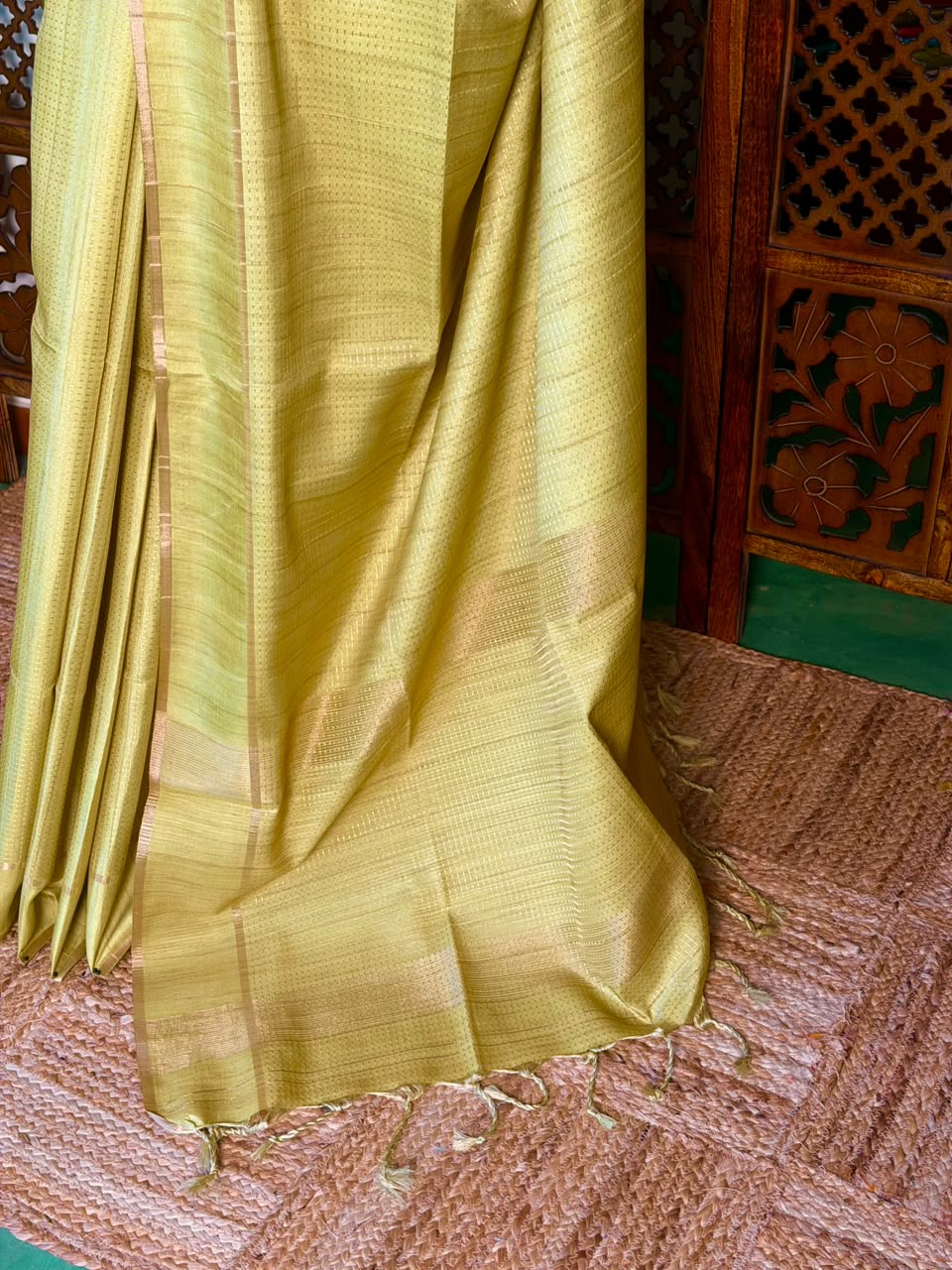 Lemon Green Tusser Silk saree- PBR63A