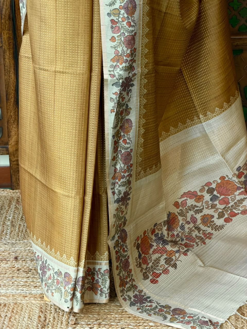 Mustard yellow Tusser Silk saree- PBR63I