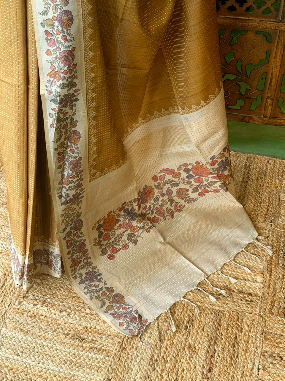 Mustard yellow Tusser Silk saree- PBR63I