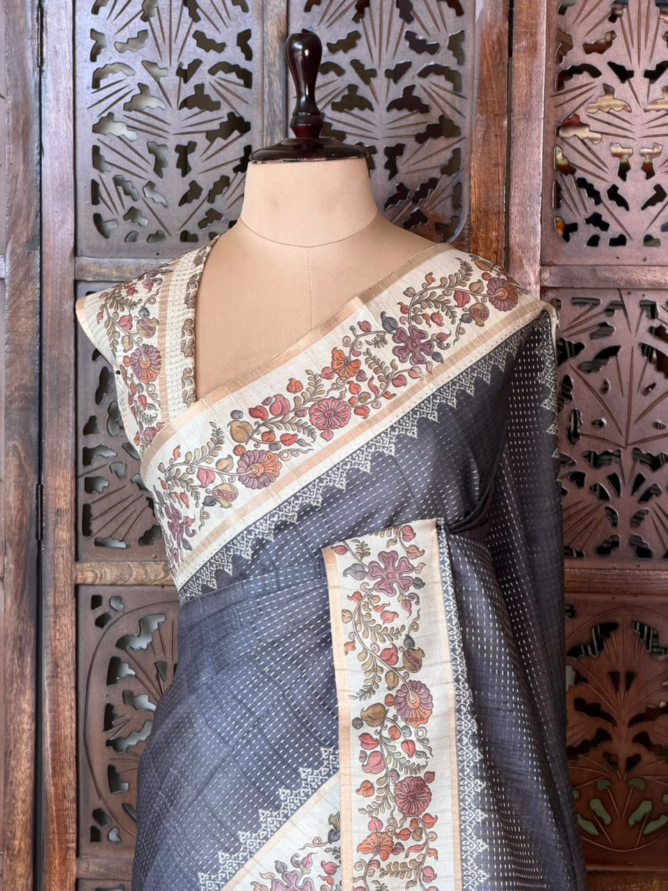 Grey Tusser Silk saree- PBR63J