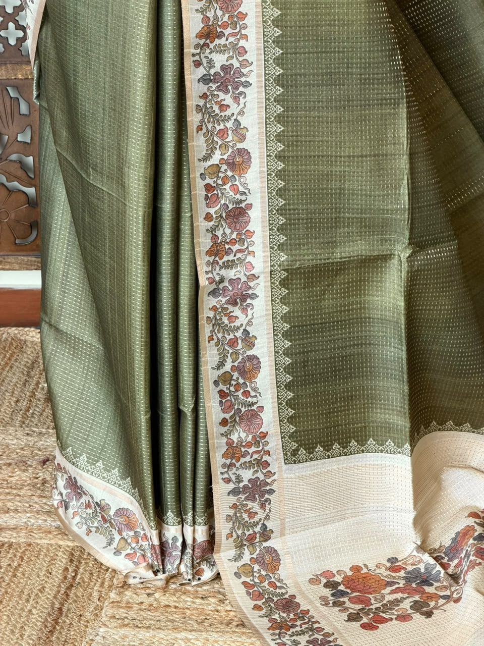 Olive Green Tusser Silk saree- PBR63K