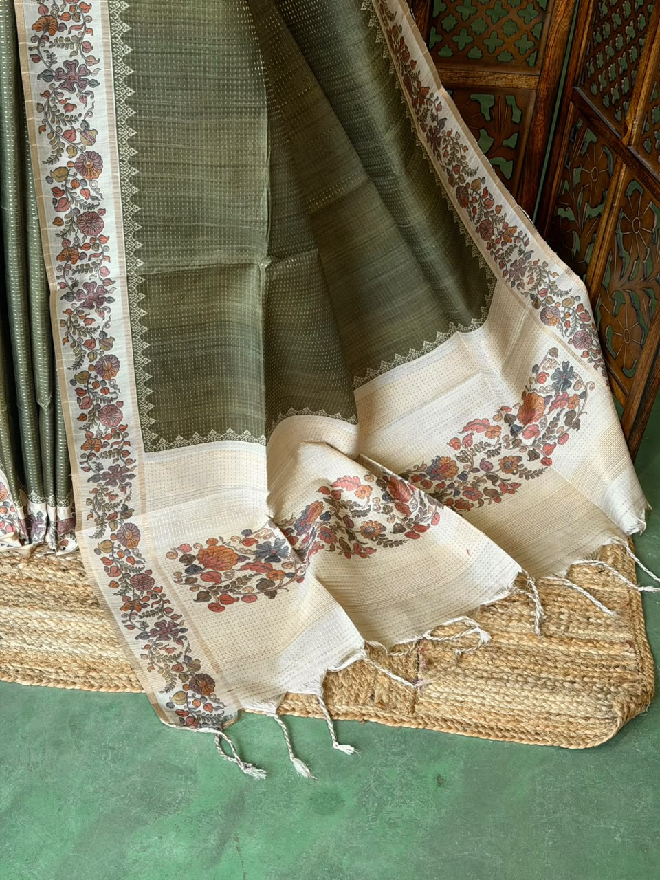 Olive Green Tusser Silk saree- PBR63K