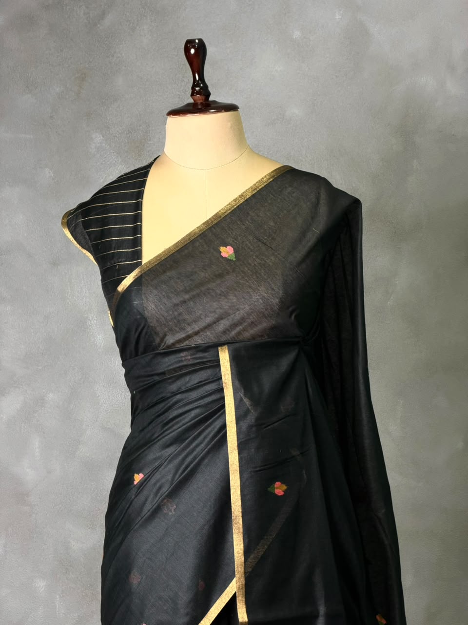 Black Chanderi silk cotton Jamdani woven saree- PBRJ10