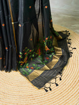 Black Chanderi silk cotton Jamdani woven saree- PBRJ10
