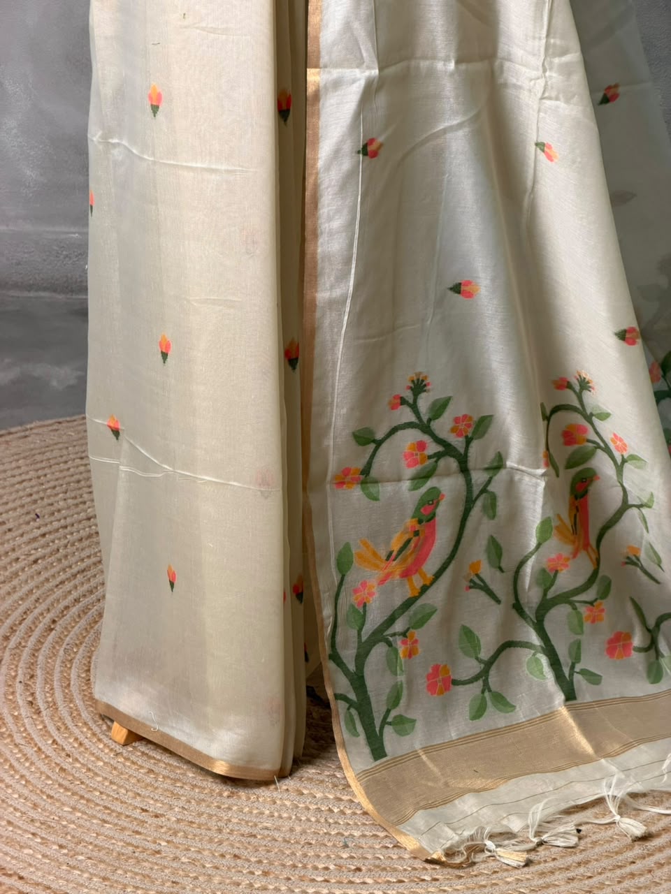 Ivory Chanderi silk cotton Jamdani woven saree- PBRJ9