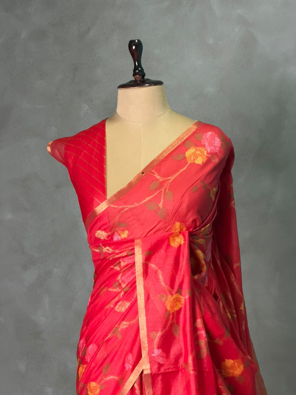 Red Chanderi silk cotton Jamdani woven saree- PBRJ34