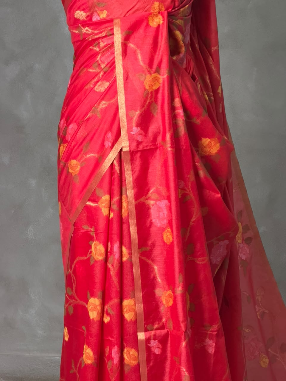 Red Chanderi silk cotton Jamdani woven saree- PBRJ34