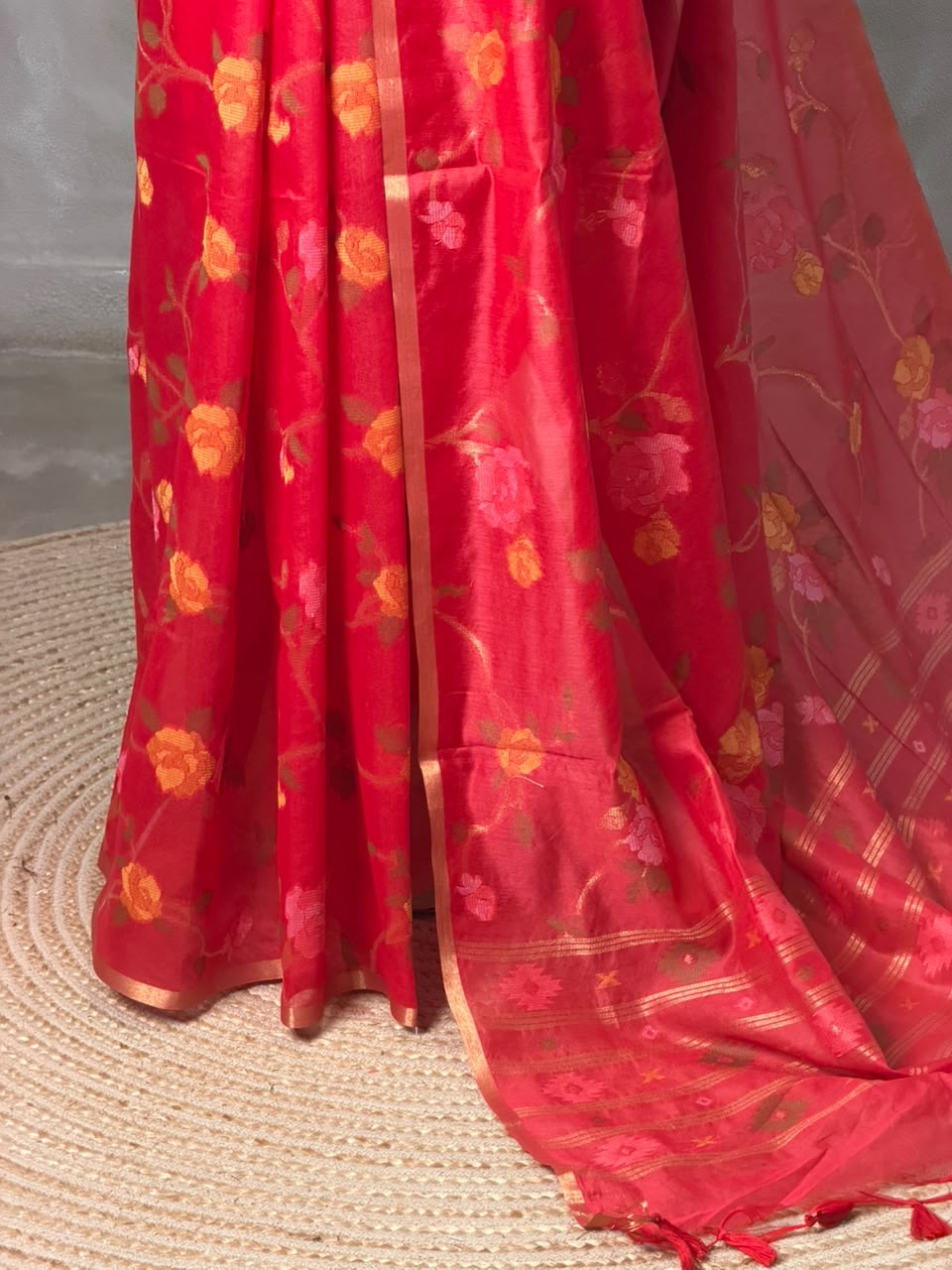 Red Chanderi silk cotton Jamdani woven saree- PBRJ34