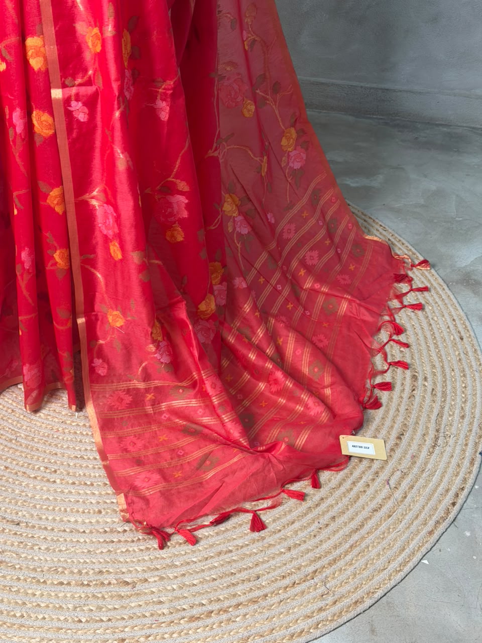 Red Chanderi silk cotton Jamdani woven saree- PBRJ34