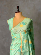 Pastal Green Chanderi silk cotton Jamdani woven saree- PBRJ31