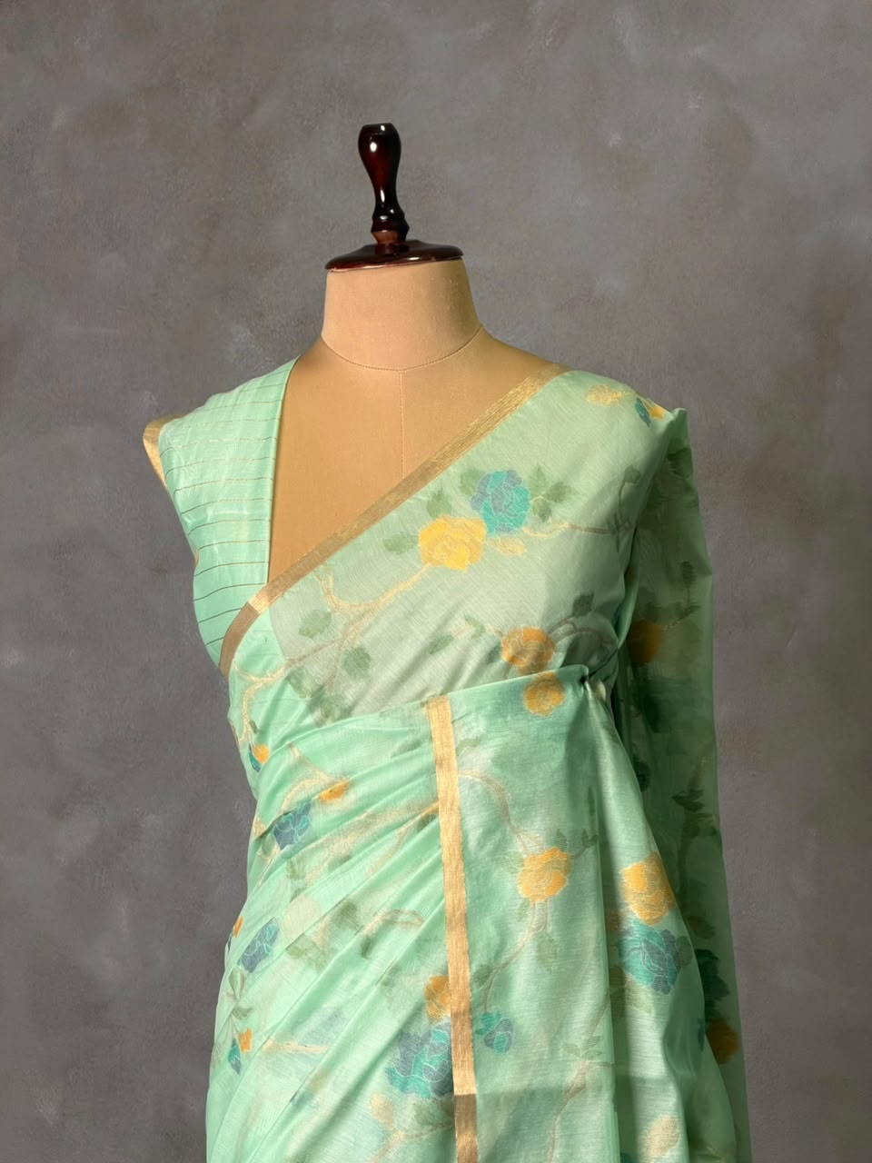 Pastal Green Chanderi silk cotton Jamdani woven saree- PBRJ31