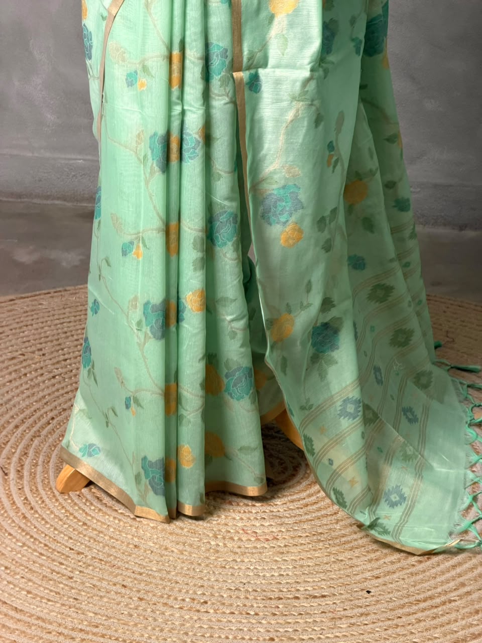 Pastal Green Chanderi silk cotton Jamdani woven saree- PBRJ31