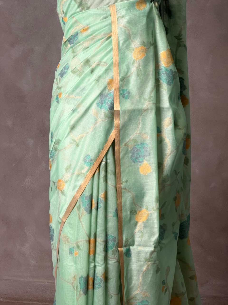 Pastal Green Chanderi silk cotton Jamdani woven saree- PBRJ31
