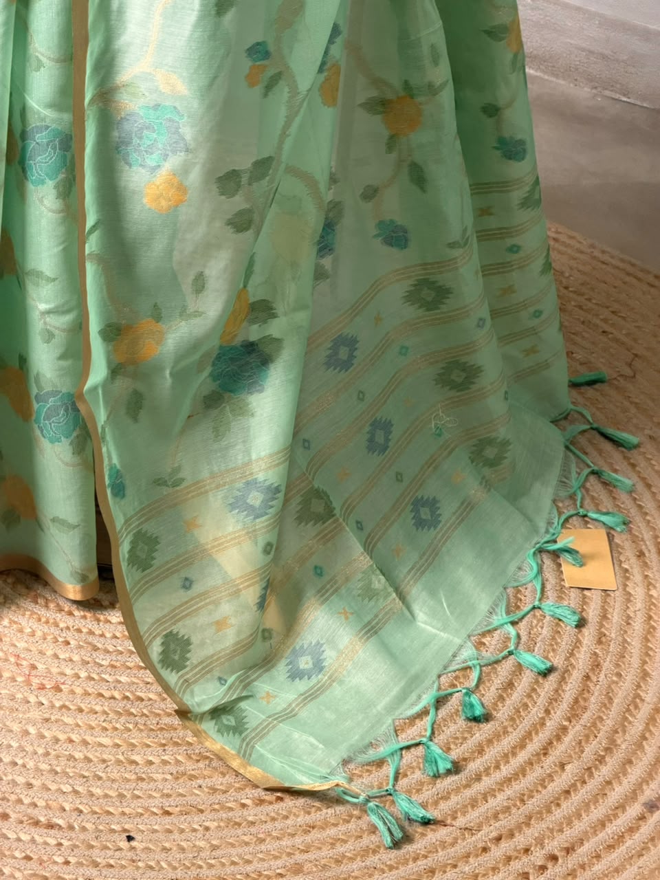 Pastal Green Chanderi silk cotton Jamdani woven saree- PBRJ31