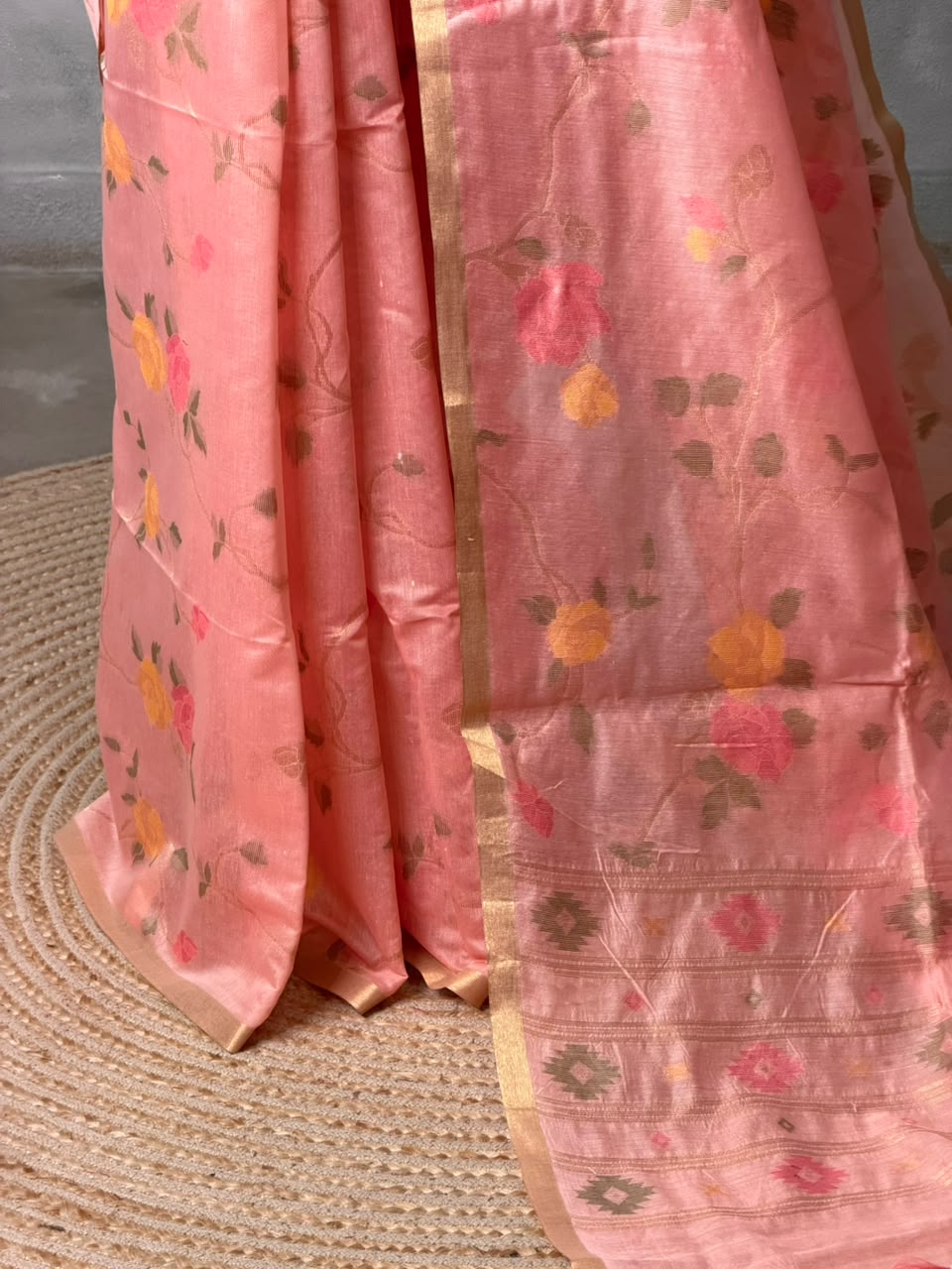 Peach Chanderi silk cotton Jamdani woven saree- PBRJ32
