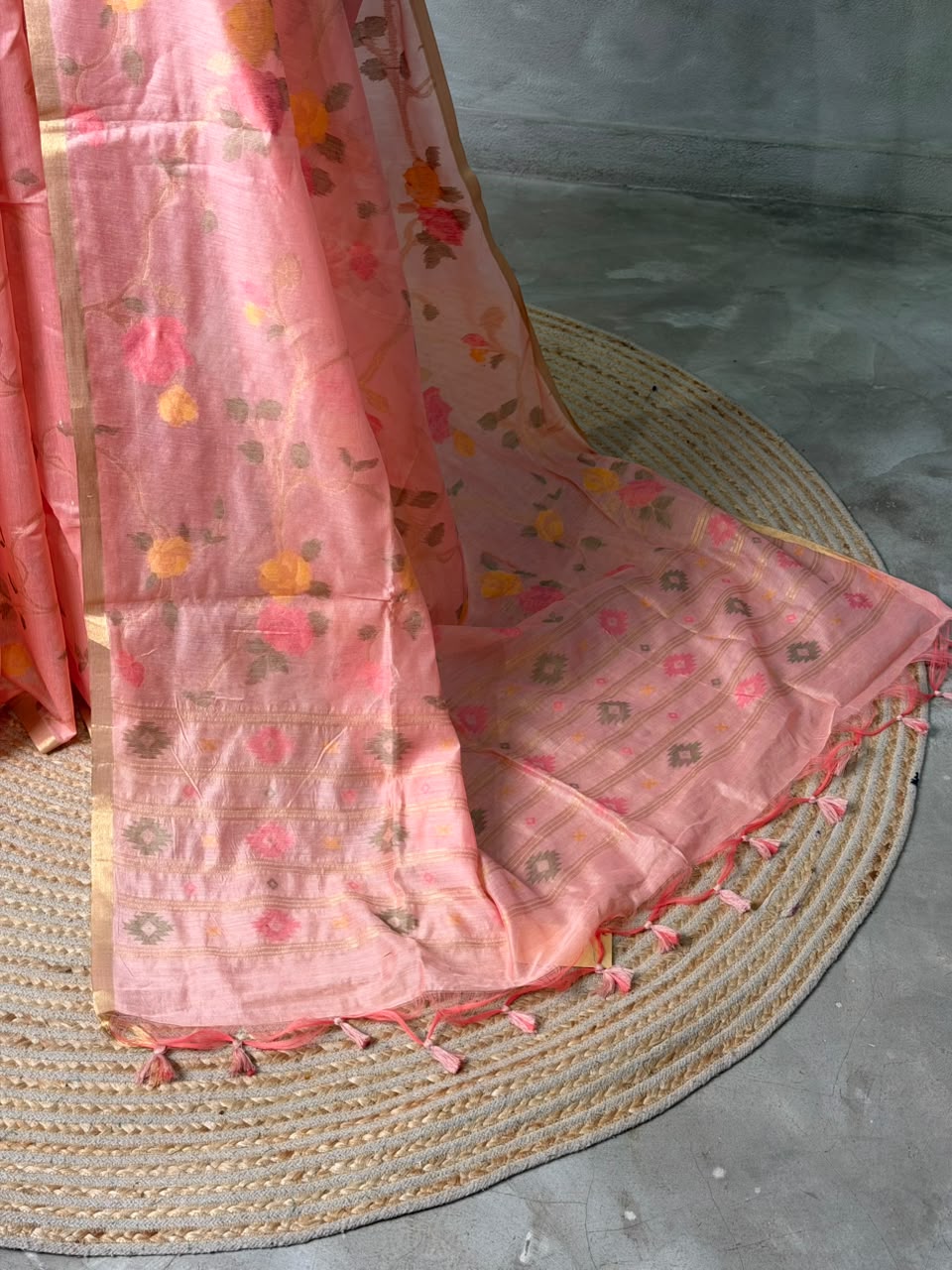 Peach Chanderi silk cotton Jamdani woven saree- PBRJ32
