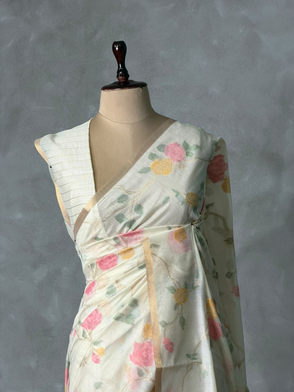 Off white Chanderi silk cotton Jamdani woven saree- PBRJ33