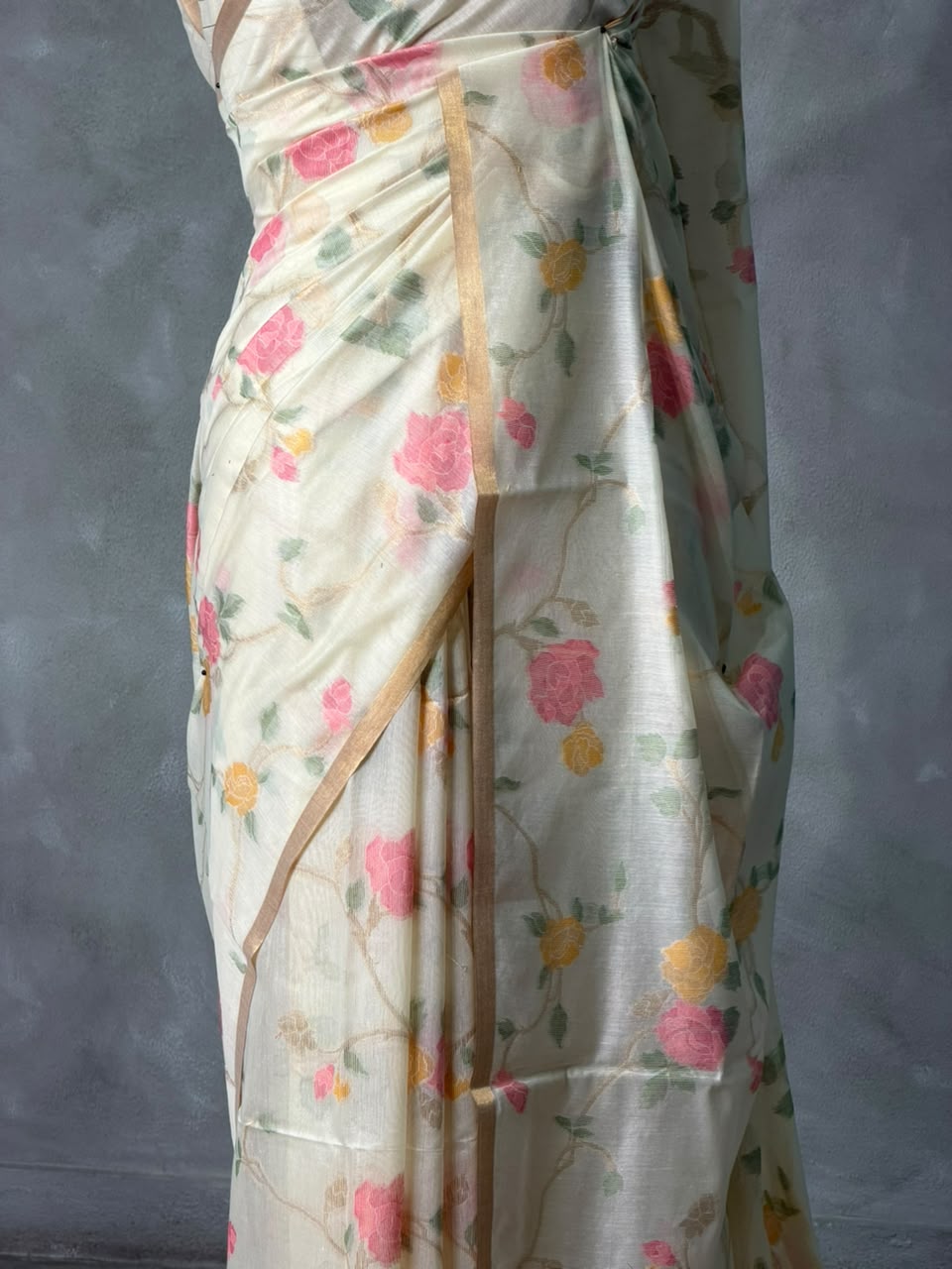 Off white Chanderi silk cotton Jamdani woven saree- PBRJ33