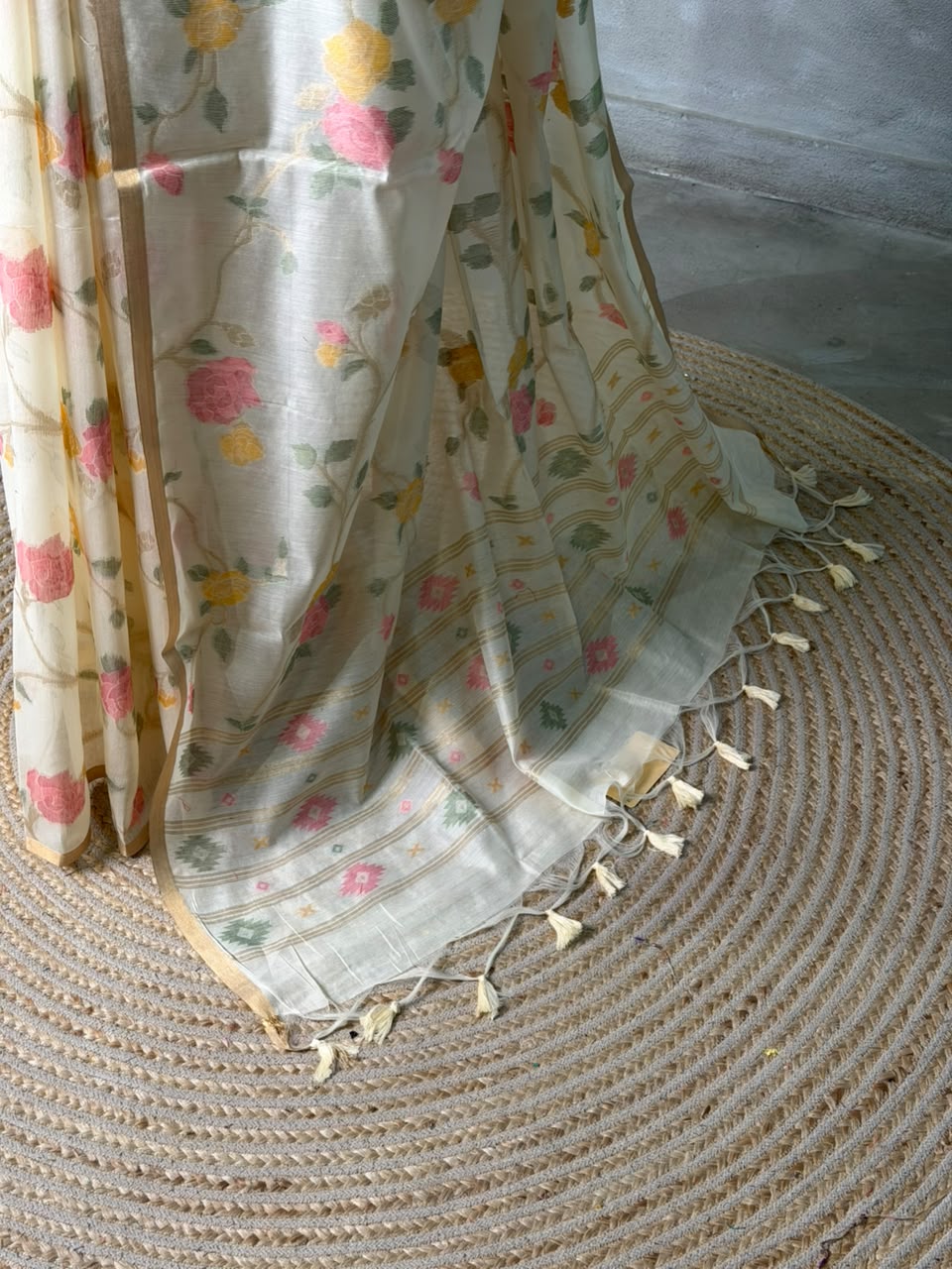 Off white Chanderi silk cotton Jamdani woven saree- PBRJ33