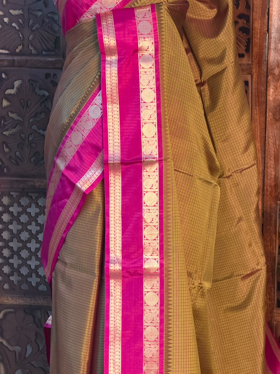 Mustard yellow and magenta Semi banarasi silksaree -PFAZ6