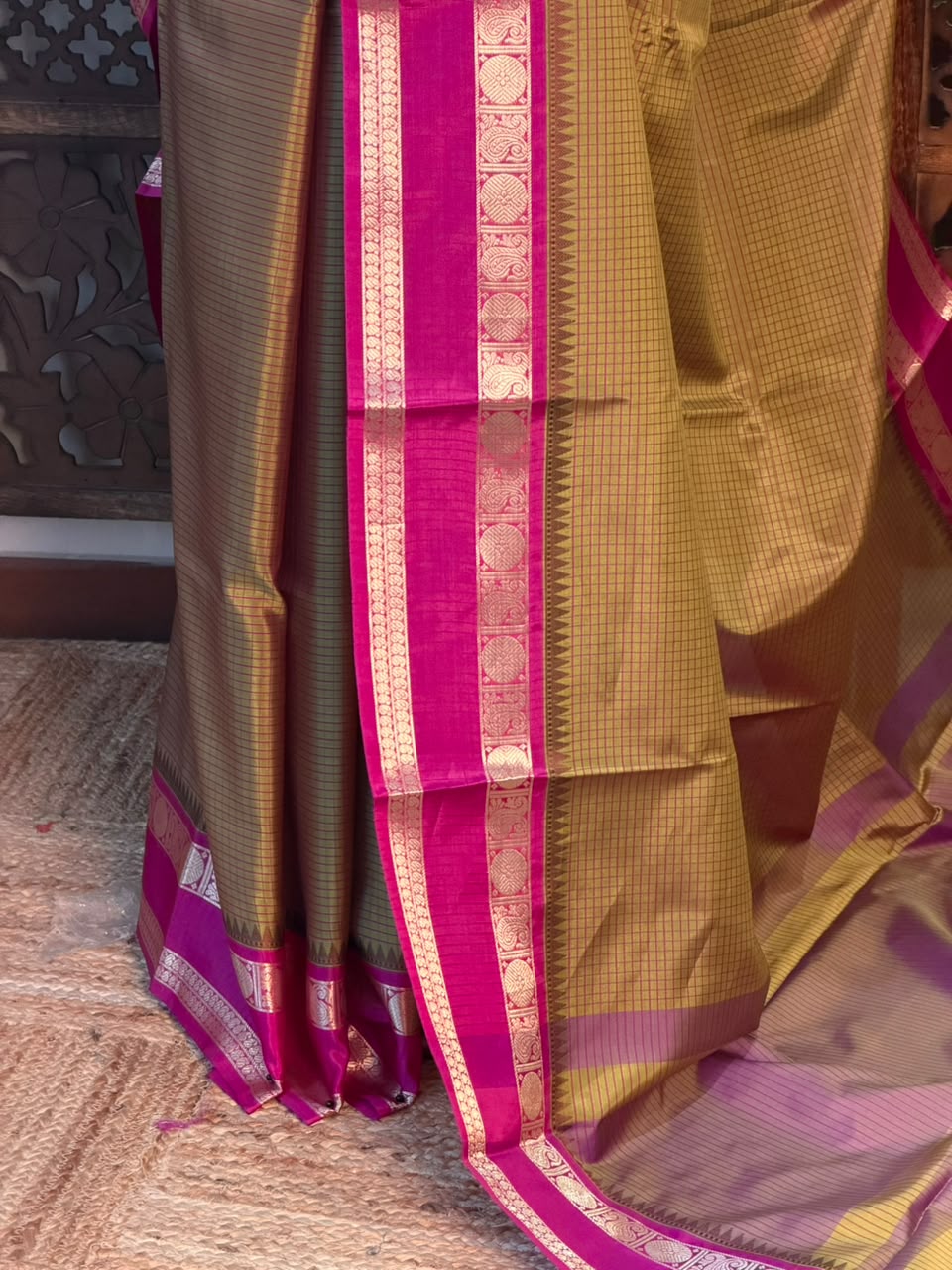 Mustard yellow and magenta Semi banarasi silksaree -PFAZ6