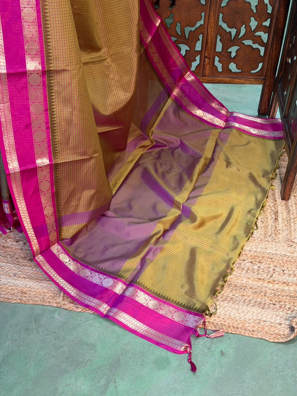 Mustard yellow and magenta Semi banarasi silksaree -PFAZ6