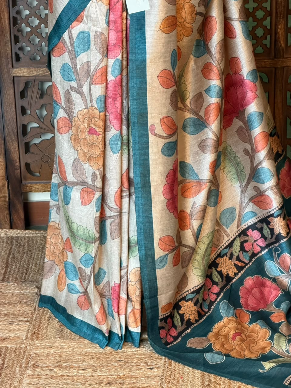 Sandal and Peacock Blue Tusser saree- PBR31T2H