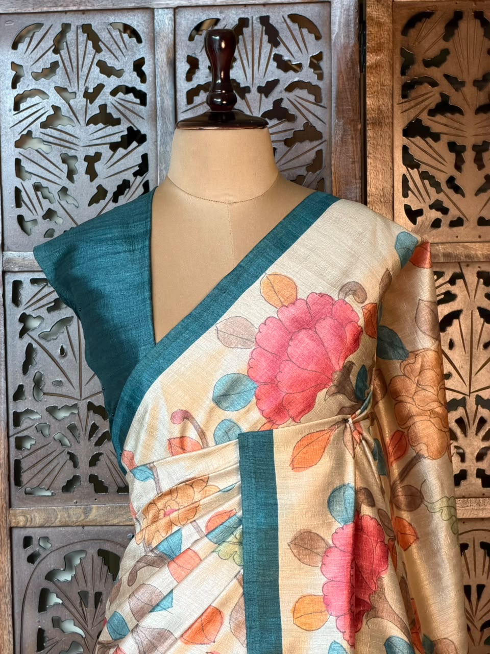 Sandal and Peacock Blue Tusser saree- PBR31T2H