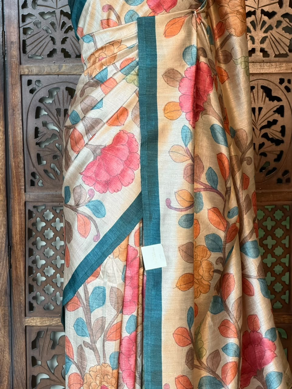 Sandal and Peacock Blue Tusser saree- PBR31T2H