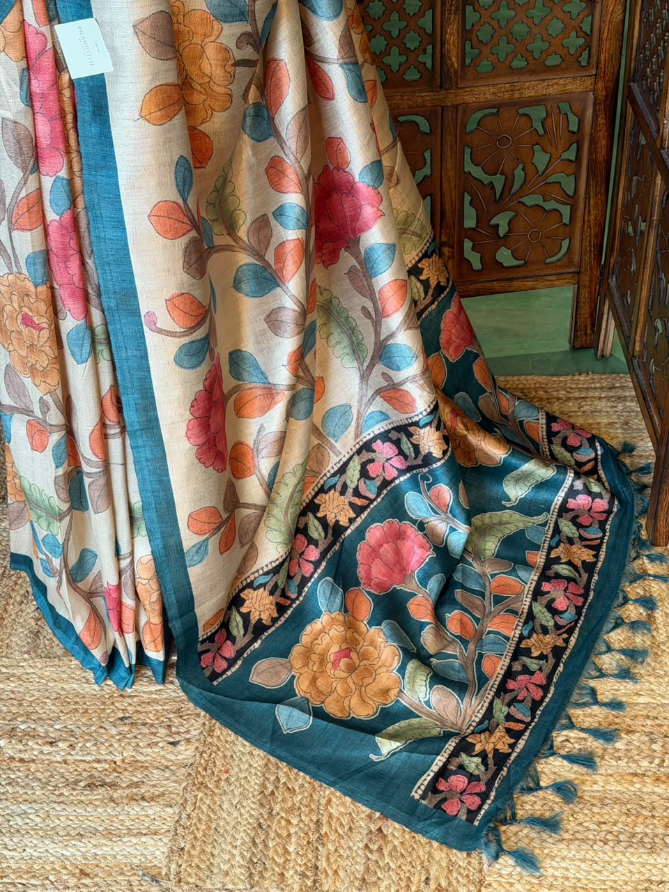 Sandal and Peacock Blue Tusser saree- PBR31T2H