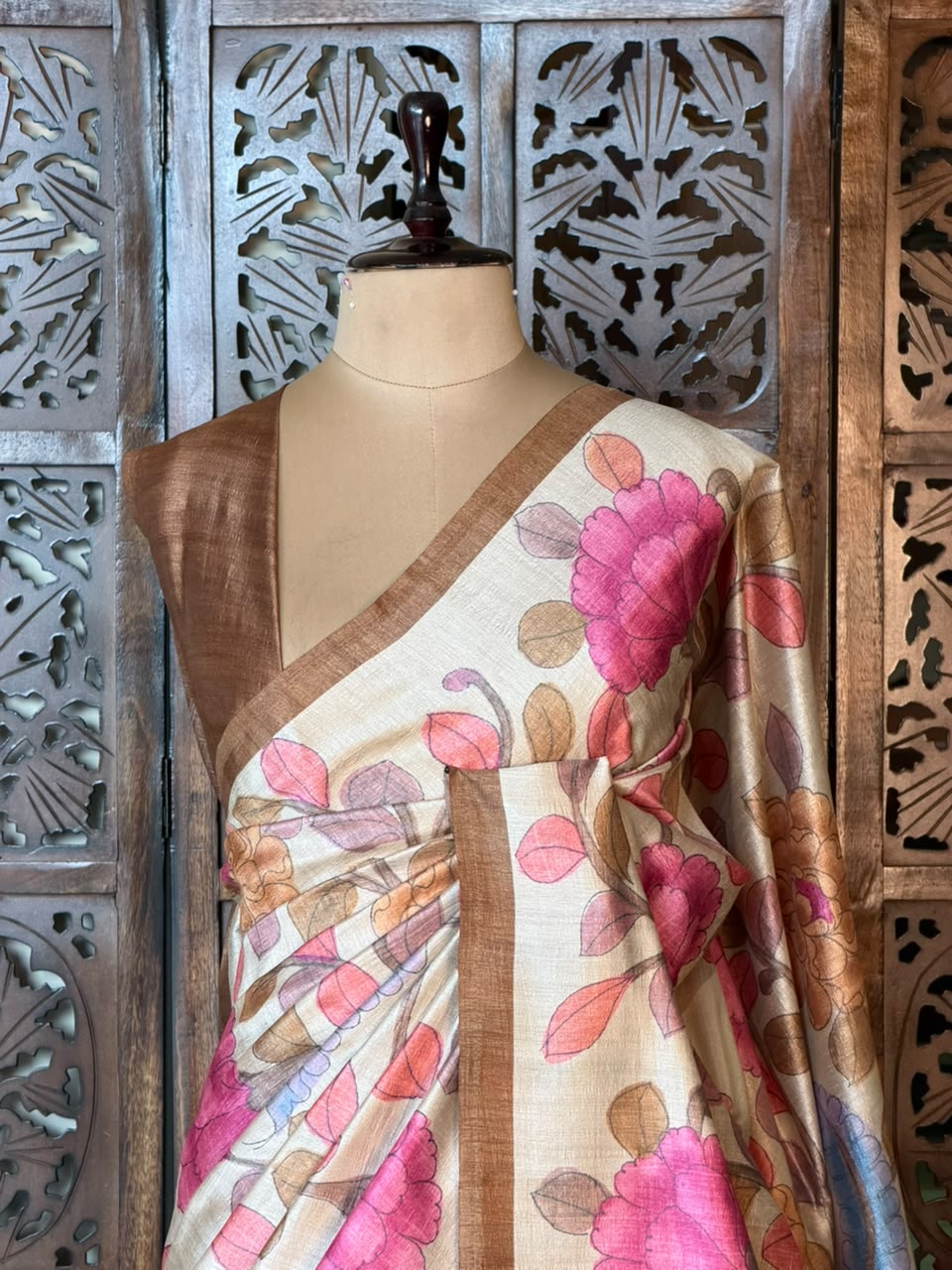 Sandal and Chicku Tusser saree- PBR31T2G