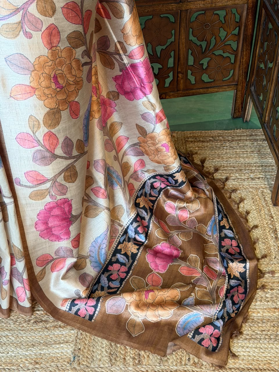 Sandal and Chicku Tusser saree- PBR31T2G
