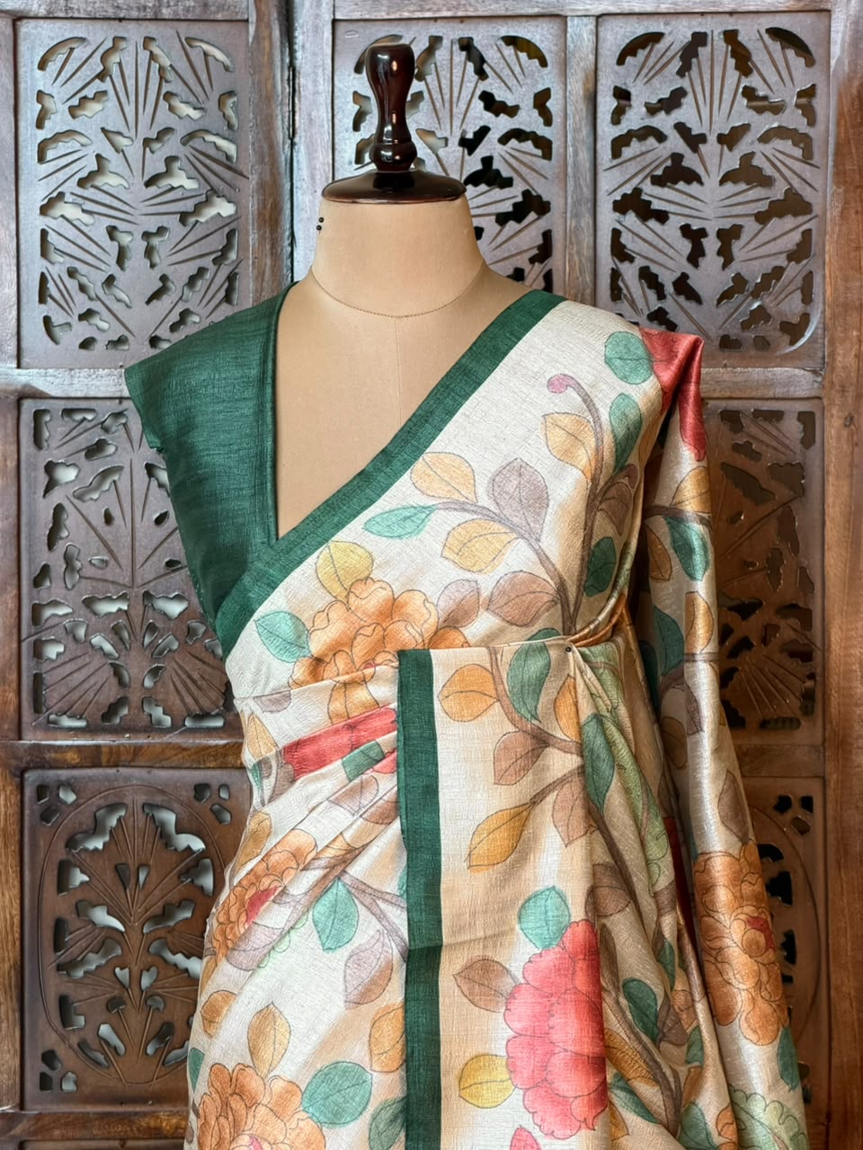 Sandal and Green Tusser saree- PBR31T2F