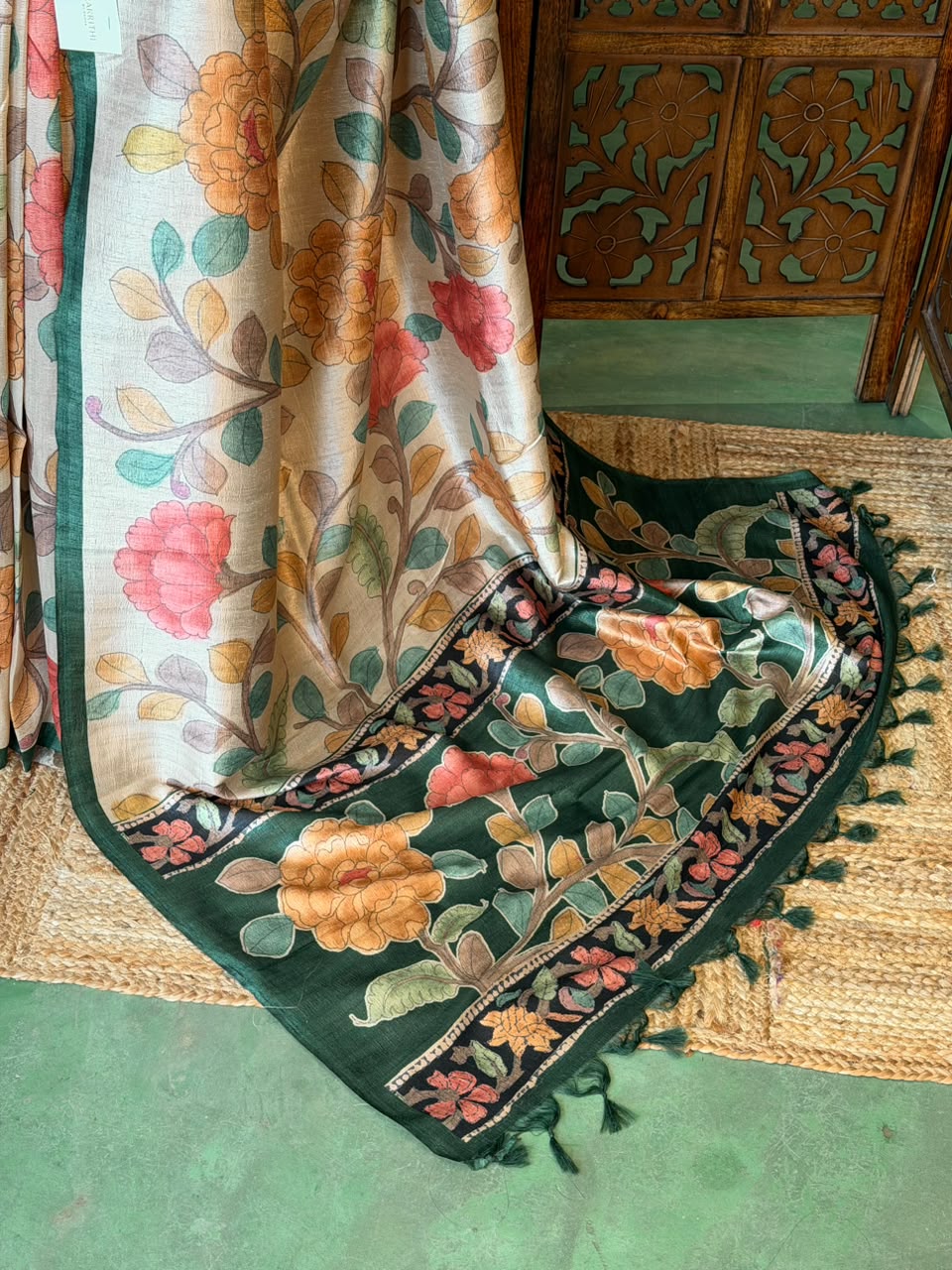 Sandal and Green Tusser saree- PBR31T2F