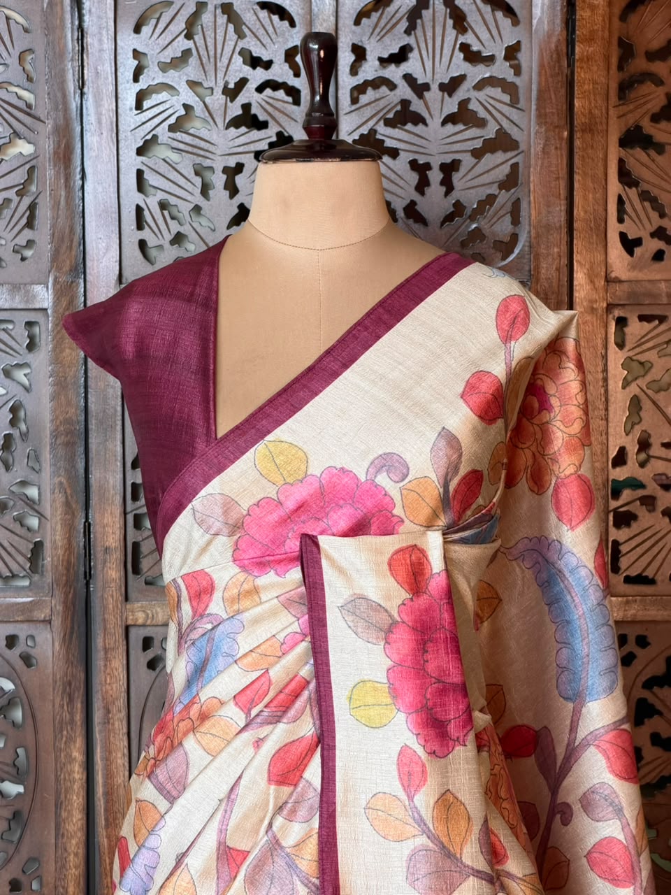 Sandal and Maroon Tusser saree- PBR31T2E