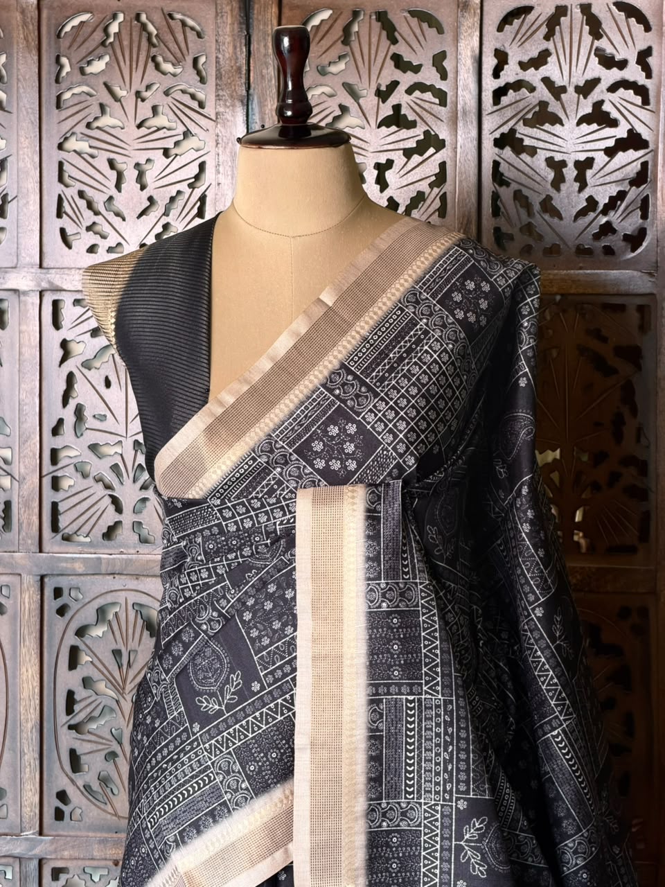 Black Tusser silk saree- PBR31T3