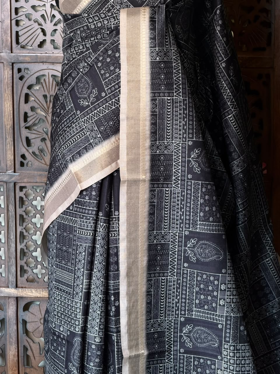 Black Tusser silk saree- PBR31T3