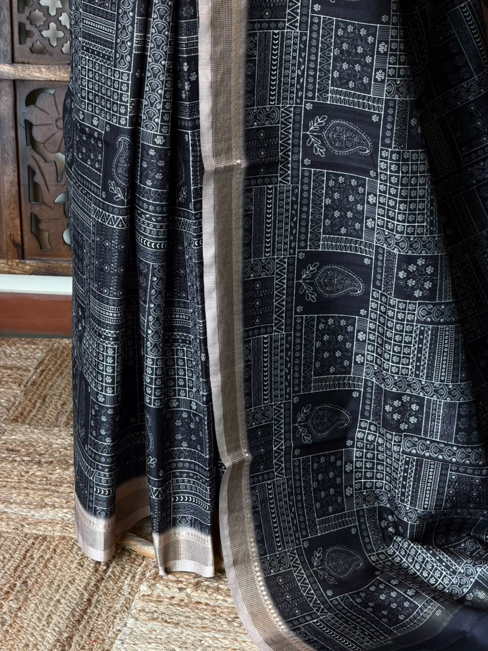 Black Tusser silk saree- PBR31T3