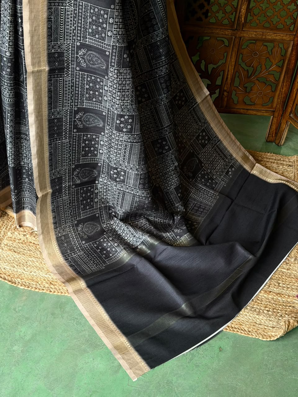 Black Tusser silk saree- PBR31T3